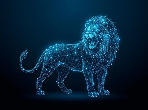 Futuristic roaring lion made of glowing digital blue wireframe lines