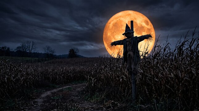 Eerie Harvest Moon: A solitary scarecrow stands silhouetted against a colossal, luminous orange moon, casting an unsettling glow over a cornfield under a dramatic night sky.