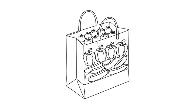 Single continuous line drawing of a paper shopping bag filled with fresh vegetables including tomatoes, bell peppers, and cucumbers. Minimalist vector illustration for healthy eating concepts.