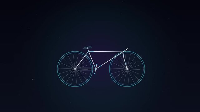 Futuristic bicycle wireframe assembling with glowing neon blue lines