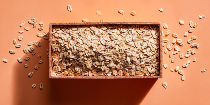 Rolled oats neatly arranged in a rectangular wooden frame, surrounded by scattered oats on an orange background, suggesting healthy eating and natural ingredients.