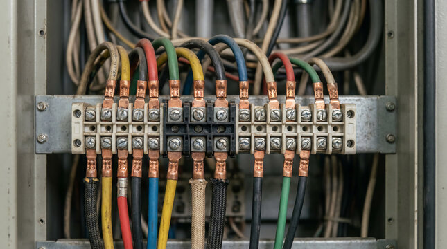Close-up of an electrical panel showing multiple colored wires connected to terminals with metal connectors.