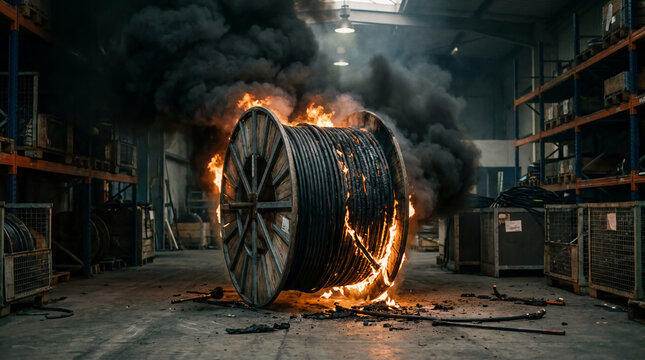 A large industrial cable spool is engulfed in flames inside a warehouse, emitting thick black smoke amid industrial storage racks and dim lighting.