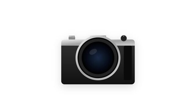 Professional Silver and Black DSLR Camera with Clicking Shutter and Bright Flash on White Background