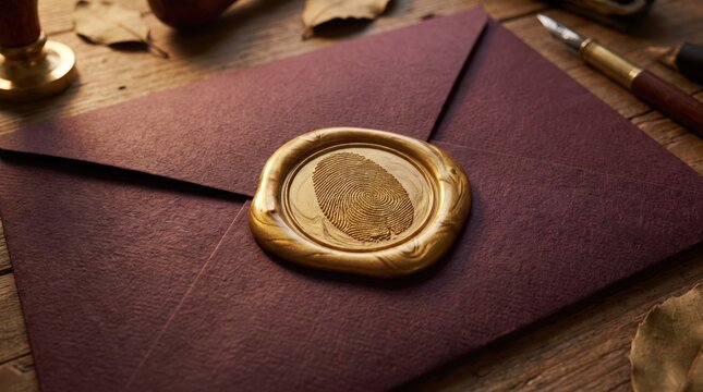 Closeup of a vintage dark red envelope sealed with a golden wax seal featuring a fingerprint impression