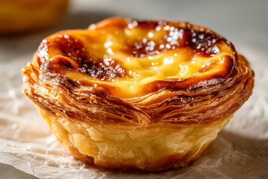Close up image of a single pastel de nata, showcasing its flaky pastry layers and caramelized top, suggesting a focus on traditional Portuguese pastry.