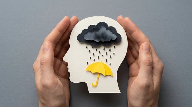 Two hands holding a paper cut out of a human head with a dark storm cloud and a yellow umbrella inside