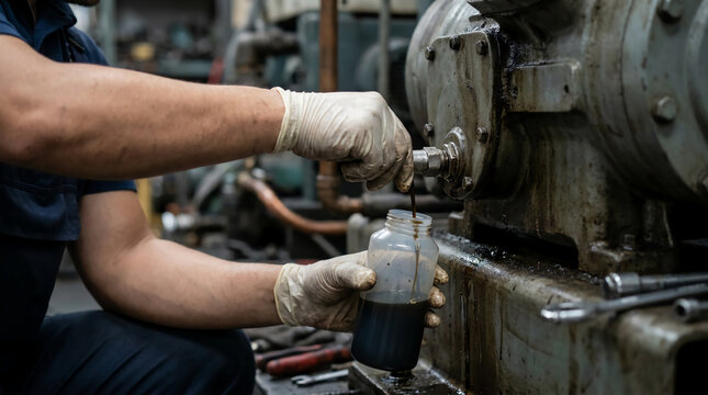 Worker collects dark industrial fluid from machinery into a bottle, wearing protective gloves in a factory setting.