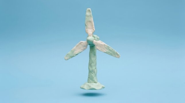 Handmade Wind Turbine Model on Blue Background for Clean Energy Concepts