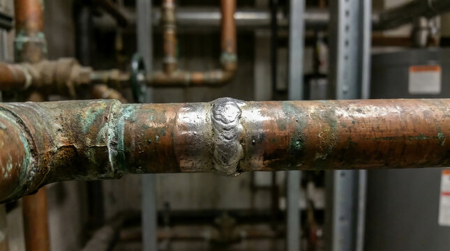 Close-up of a copper pipe with a welded joint in an industrial setting, showing signs of oxidation and wear.