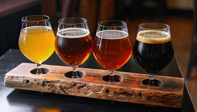 A flight of four different beers served on a rustic wooden board.