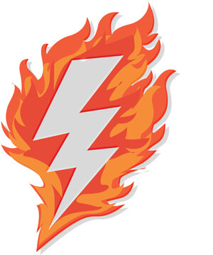 Simple vector illustration of white lightning bolt surrounded by red and orange flames, vector isolated on white