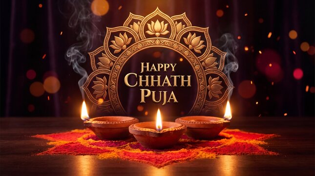 Happy chhath puja ornate mandala design with three glowing clay diyas on black background, hindu festival worship of sun god surya dev