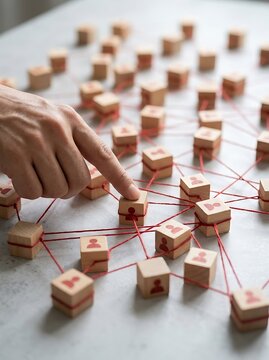 A person touching a wooden block within a networked structure of cubes connected by red string threads