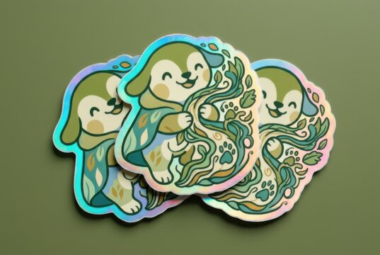 Holographic sloth stickers on olive green background