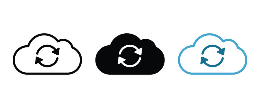 Cloud syncing and data update symbols in outline solid blue vector icon styles refresh arrows