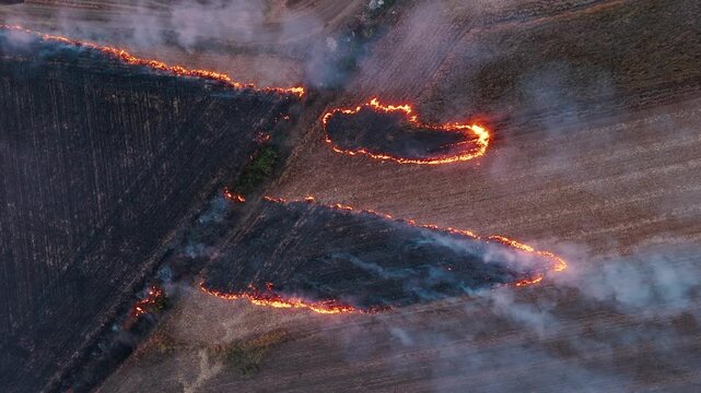 Aerial view of a field fire burning through dry crops with thick smoke rising from the scorched earth in Sremska Mitrovica, Vojvodina, Serbia.