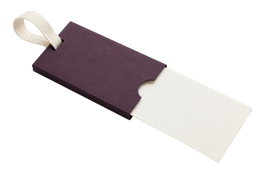 Purple paper gift tag with white ribbon isolated on transparent background