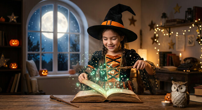 Little Witch Reading Magical Spellbook on Halloween Night