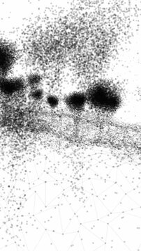 Vertical digital point cloud trees and topological polygon mesh disperse black particles across a clean white space in a 3D animation