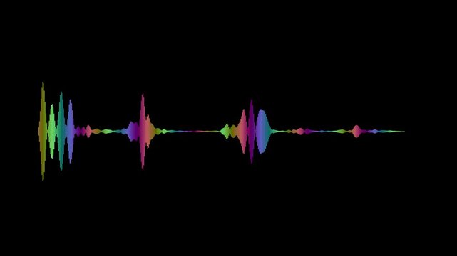 Colorful audio waveform visualization featuring dynamic frequency peaks, rhythmic pulses, and varied amplitudes across a sleek black background.