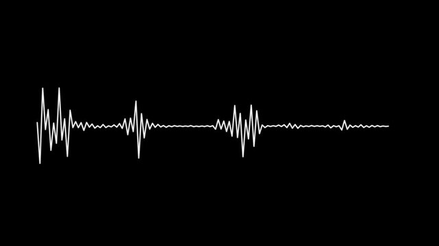 Minimalist white audio waveform visualization with sharp amplitude peaks, rhythmic oscillations, and a clean linear signal pattern on black.