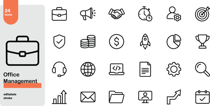 24 office management icon set briefcase handshake target rocket megaphone editable stroke vector illustration.