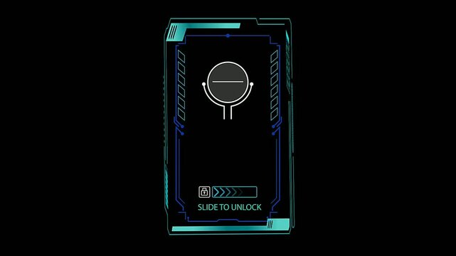 futuristic unlock screen, hud interface with slider and padlock, sci-fi mobile lock screen overlay, on black background composite 4k.