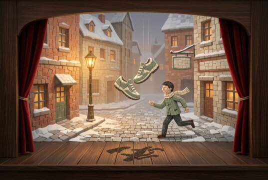 Winter village stage scene with floating shoes and paper cutout runner