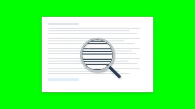 2D Flat Magnifying Glass Scanning Document with Text Reveal on Green Screen