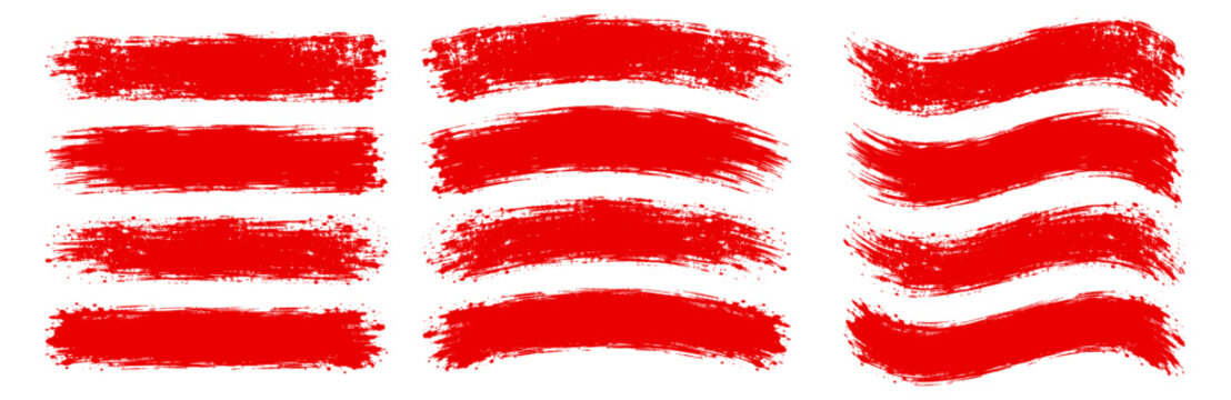Red Paint Swipe Brush Banner Vector Set with Rough Dry Texture, Horizontal and Curved Hand Painted Strokes for Posters, Headlines, Sale Promotions, Labels and Graphic Design