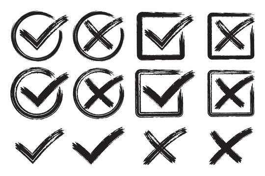 Hand Drawn Check Mark and X Symbol Vector Set with Rough Brush Texture, Circle and Square Checkbox Icons for Lists, Forms, Surveys, Feedback, UI and Graphic Design
