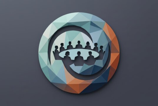 Teamwork emblem with people around roundtable icon