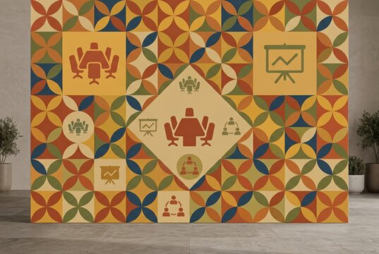 Colorful Office Mural with Teamwork and Presentation Icons