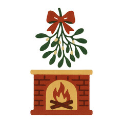 Obraz premium PNG Cozy fireplace with mistletoe illustration.