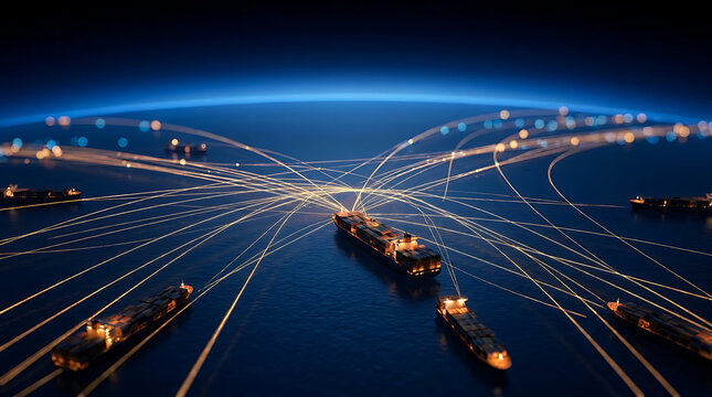 Container ships navigating global ocean trade routes with light trails