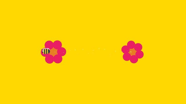 Stylized Honeybee Pollinating Vibrant Pink Flowers with Floating Pollen Dust on Golden Yellow Background
