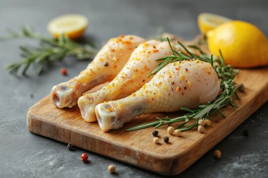 Three Fresh Raw Chicken Legs Seasoned on Wooden Board with Rosemary and Lemon