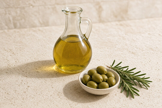 Glass cruet of golden olive oil with fresh green olives and rosemary on a stone counter