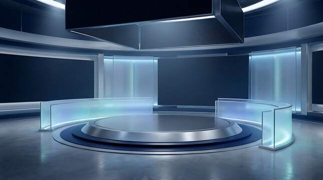 A futuristic virtual event studio with a glossy central stage glowing blue accents and modern digital broadcast production equipment