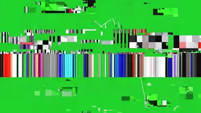 Electronic signal corruption causing static interference patterns with vivid green color distortions and horizontal lines displayed on a malfunctioning screen displaying fragmented pixelated