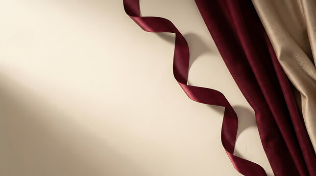 Elegant flowing dark red ribbon draped gracefully over architectural fabric surface creating a sophisticated luxury background composition