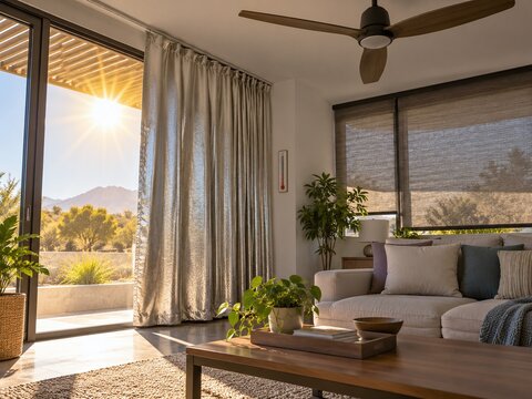 Modern home interior using exterior shading, thermal curtains and ceiling fan to reduce indoor heat during intense summer weather, representing climate adaptation and energy-efficient cooling.