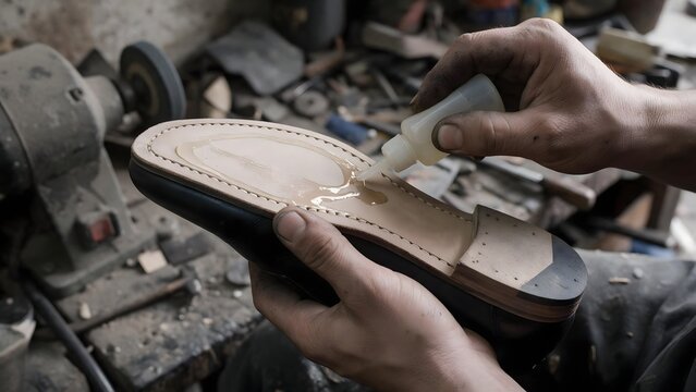Cobbler repairing shoe sole in traditional shoemaker workshop