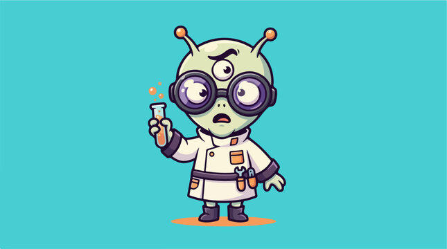 Cute green three eyed alien scientist holding a test tube