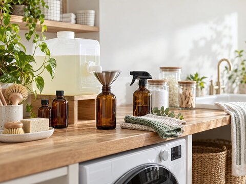Eco friendly home refill station with reusable amber spray bottles, concentrated cleaning solution, washable cloths and glass storage jars in a modern utility room.