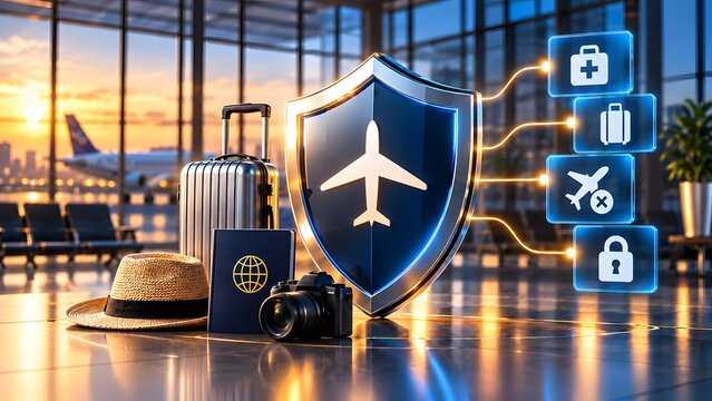 Travel insurance concept with airplane shield and icons for medical luggage flight cancellation and security at airport terminal with sunset.