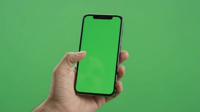 A human hand holds a mobile communication device featuring a vibrant chroma screen for easy content replacement while interacting with digital applications in a professional business setting