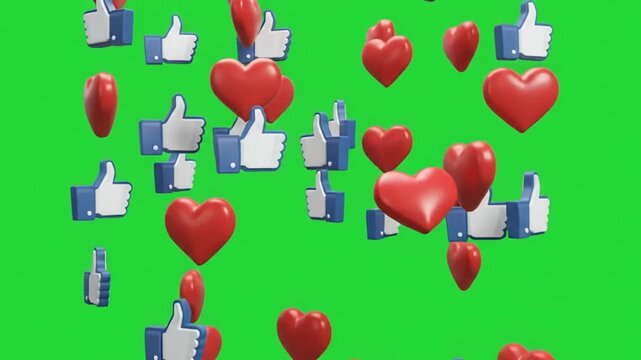 Floating thumb up icons and red heart symbols rising across a vibrant chroma green surface representing active social media engagement interaction growth and digital community trends for online
