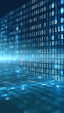 Abstract Digital Background Featuring Blue Binary Code With Streaming Data And Futuristic Tech Flow.